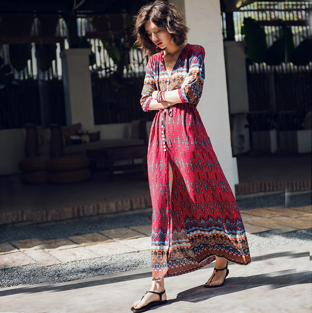 ボヘミアン柄のおしゃれなワンピース マキシワンピ マキシ丈ワンピース ワンピース 春夏 ボヘミアン リゾートワンピ リゾート 春ワンピ マキシ Growth