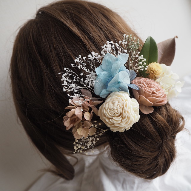 コピー ドライフラワー髪飾り 白 水色 Latoa