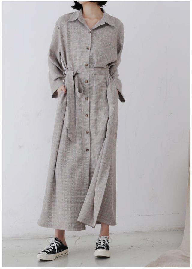 リラックスして着られるレトロチェックワンピース レトロ ロング丈 シャツワンピース 長袖 チェック柄 サイドスリット ボタン ポケット ベルト付 カジュアル デイリー 可愛い ゆったり リラックス エーデルワークス Edel Works
