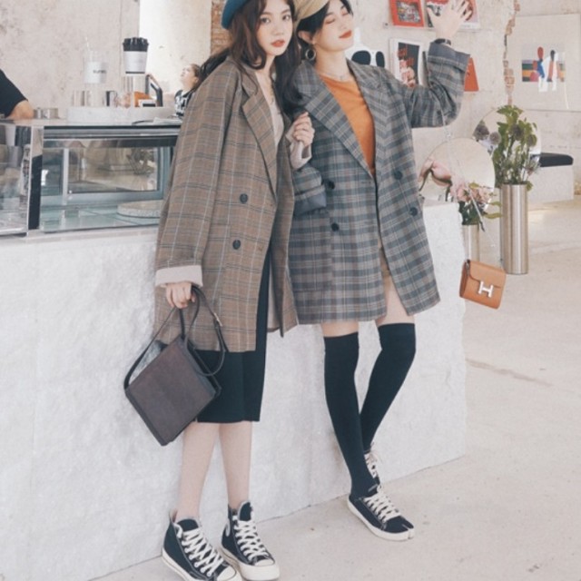 チェック ジャケット コート レディース 春コート 韓国 ファッション 春服 レディース ロングジャケット チェック柄 グレー ブラウン 春ジャケット 韓国 ミドル丈 コート レトロチェック レディース 春アウター 可愛い Vestito