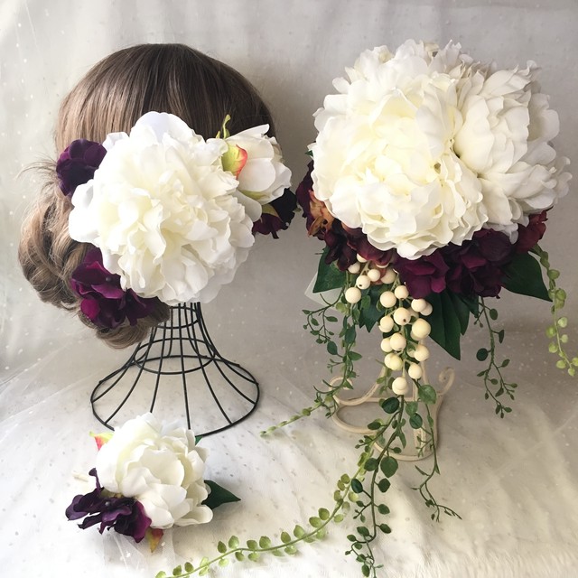 ホワイトピオニー ヴァイオレットアジサイフリースタイルブーケセット ウエディングブーケ専門店 Atelier Yumina