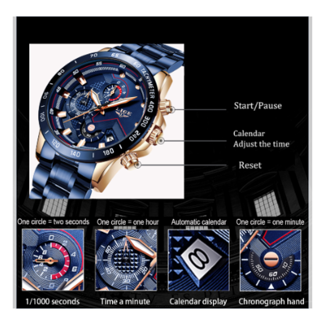 Lige メンズ腕時計 防水 クロノグラフ 日付表示 クォーツ 高級 多機能 衝撃に強い 海外ブランド 人気 3色展開 Happy Hobby あなたのベストが見つかるお店