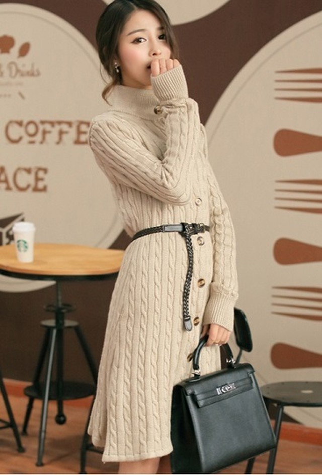 ワンピース ニットワンピース 韓国ファッション レディースワンピース 秋冬 タートルネック ロング丈ニット ケーブル編み パーティーワンピ 体形カバードレス マキシ丈 ベルト付 韓国レディース キッズファッション Londonbridge ロンドンブリッジ