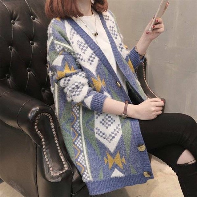 レディース 秋冬 厚手 カーディガン ニットコート 幾何柄 アウター ロング Vネック ショールカーディガン Kw0445 Brutal Beauty Fashionstore レディース ウェア オススメ コーデ 通販