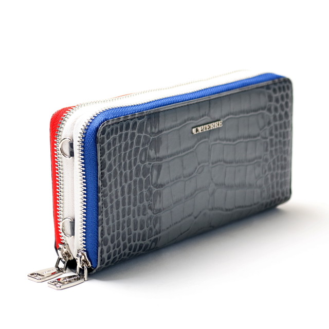 エルピエール トリコロール 長財布 ダブルファスナー ラウンドファスナー 財布 本革 型押し マットクロコシルバー L Pierre エルピエール