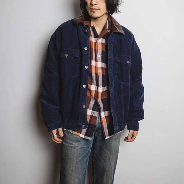 襟レザー コーデュロイジャケット ネイビー 14a22 Thrift Tokyo Tarock