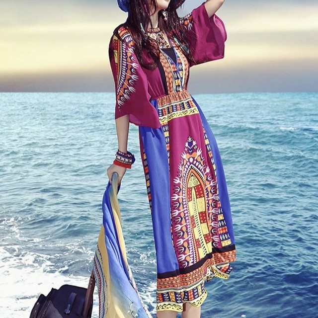 エスニック調 幾何学模様 ワンピース フレアスリーブ 二の腕カバー オシャレ 膝下丈 オリエンタル 軽やか Happymonster