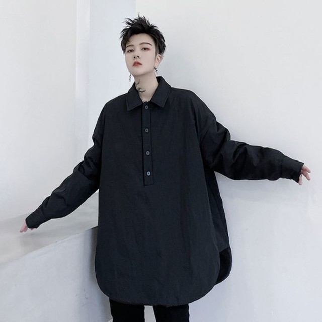 ハーフボタン シャツ ブラウス 無地 ルーズシャツ 厚手 長袖 ブラック ホワイト 黒 白 メンズ レディース ユニセックス 韓国 カジュアル シック モード 春 秋 冬 ミディアムロング丈 ひざ上丈 ロングスリーブ お支払い後日以内に発送 Top469 Garcons