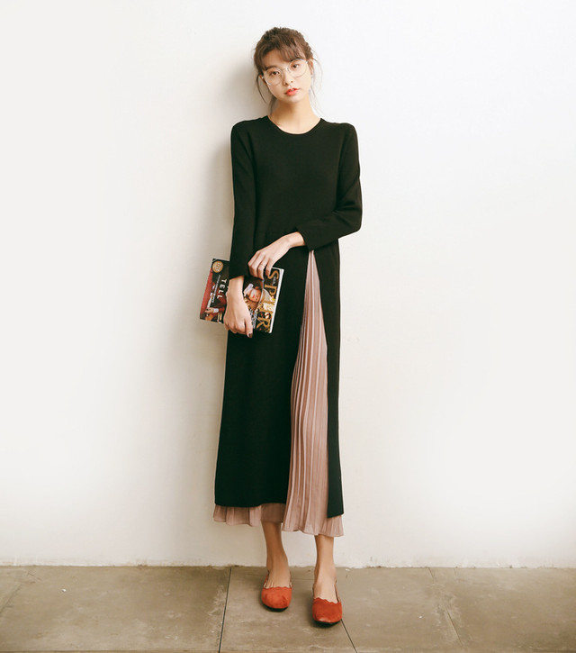 送料無料 コンビネーションワンピース 長袖 ロング丈 プリーツ ニット バイカラー トレンド 流行 春秋冬 ａ560 La Vie En Rose