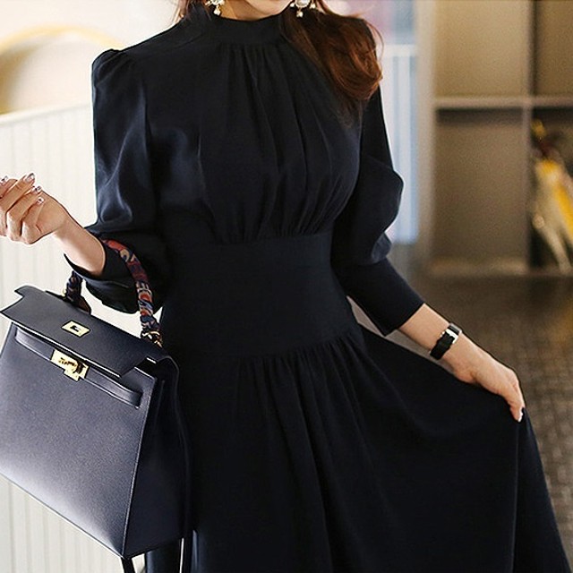 ギャザーワンピース ボリューム袖 ロング丈 パフスリーブ フレアスカート 長袖 春服 秋服 通勤 レディース ワンピース I0254 Aeka Clothet For Worker