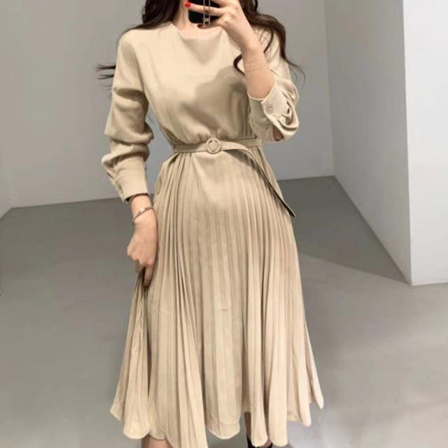 送料無料 ワンピース 長袖 きれいめ フレア ひざ丈 Aライン プリーツ ハイウエスト ウエストベルト ゆったり 無地 シンプル フォーマル 通勤 オフィス 大人 上品 30代 40代 50代 ベージュ ブラック By 262 Imagibune