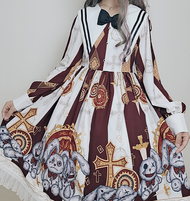 ロリータワンピース 長袖 膝丈 襟付き ハイウエスト リボン ゴスロリ 病みかわいい 暗黒系 コスプレ ヴィジュアル系 ウサギ Heart Mart
