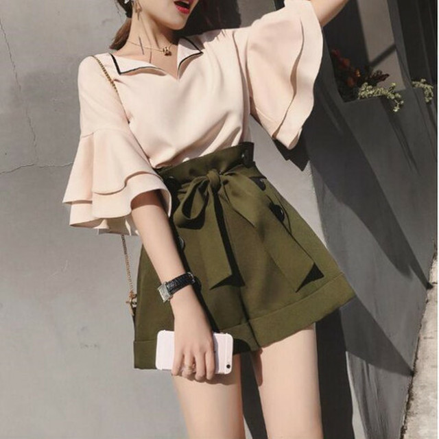 トレンド フリル袖ブラウス リボンハイウエストキュロットスカート セットアップ Ky0793 Girl Top
