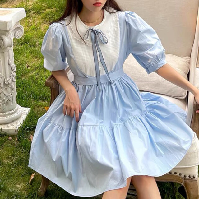 水色 ワンピース リボン ガーリー Loveysmileshop