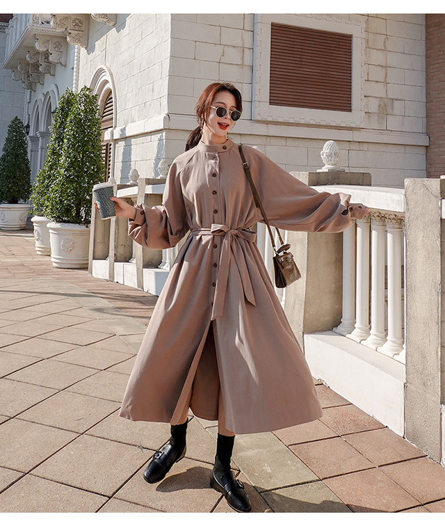 ワンピース レディース 長袖 ロング丈 ランタンスリーブ 大きいサイズ Aライン ウエストリボン シャツワンピース 春 秋 フロントボタン Lalas