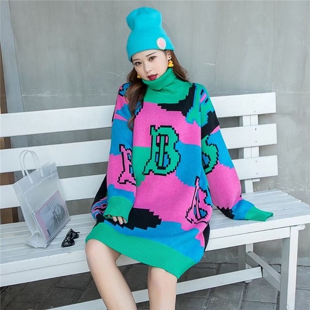 ピンク1点即納 3カラー ニット ワンピース ピンク カラフル ストリート ハイネック Loveysmileshop