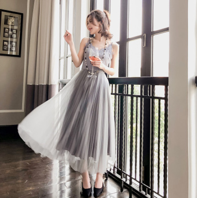 レース プリーツ キャミワンピース グレー ロングドレス 506 Dressy Lily ドレッシーリリー プチプラドレスワンピース専門店