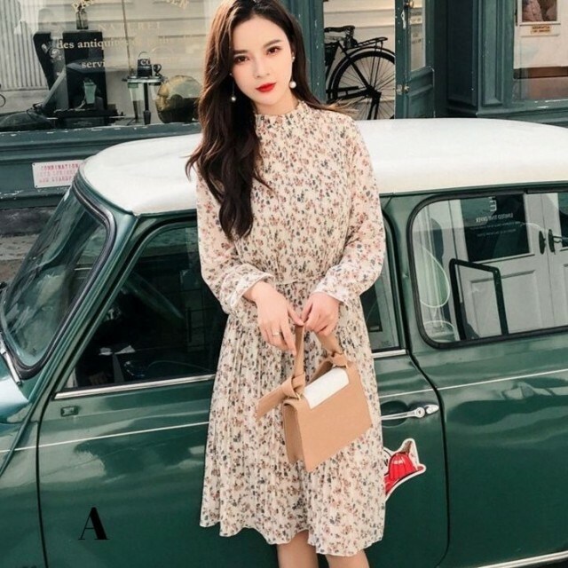 ワンピース ワンピ 長袖 春 秋 スタンド襟 花柄 膝丈 体型カバー 大きいサイズ シフォン プリーツ きれいめ プチぷら 安い A544 Happinessshop ハピネスショップ レディース ファッション アイテム トレンド