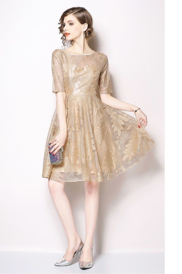 ドレス ワンピース ラウンドネック Aライン ハイウエスト シャンパンゴールド 五分袖 膝丈 エレガント S 2xl 結婚式 披露宴 二次会 パーティー デート Dressarroser