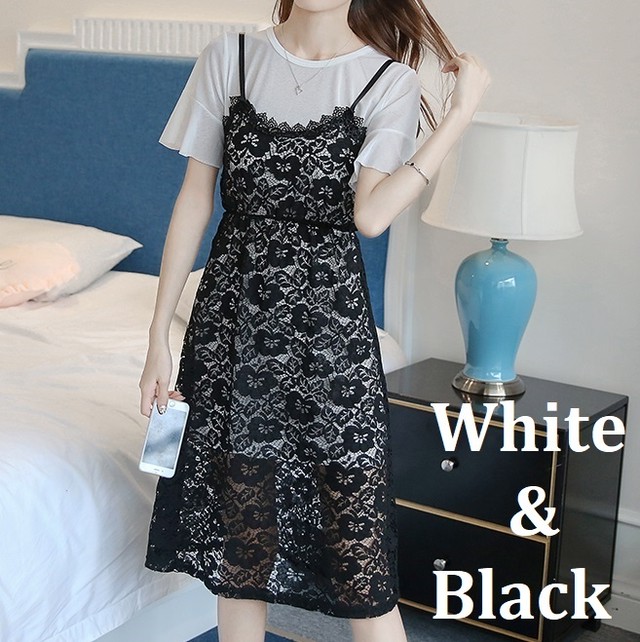 送料無料 2色 レースキャミワンピ 袖付きワンピ 2点セット 2set セットアイテム キャミワンピース キャミワンピ キャミソールワンピース レース 花柄レース 総レース 透け感 カットソーワンピース 半袖ワンピース 半袖 フレアスリーブ 袖フリル フリル袖 Iライン Aライン