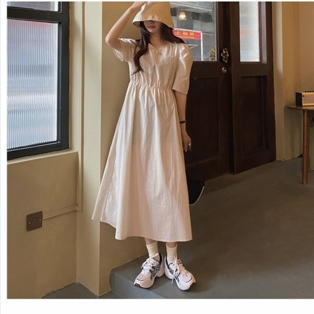クラシカル ワンピース ワンピース 半袖 ロング丈 ラウンドネック シンプル おしゃれ ゆったり レディース 体型カバー 大人 デート マタ Basecamp49