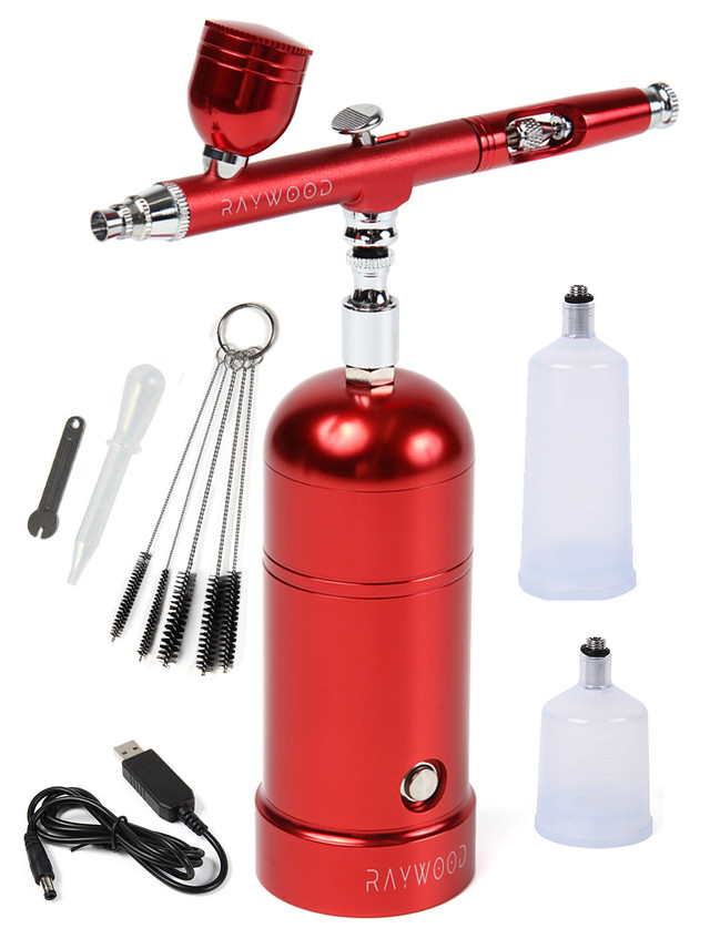 エアブラシ コンプレッサー充電式セット Rw 0 レッド ダブルアクション カップ cc 40cc クリーナー ５本付き 口径0 3mm Raywood