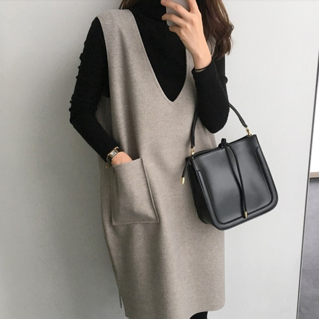 M 3xl ツーピース ウール ハイネックトップス ノースリーブワンピース Iライン 無地 着回し 着やせ きれいめ 通勤 通学 お出かけ デート 秋冬 Arroser