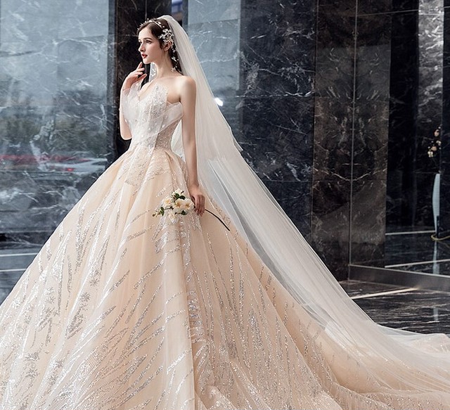 法式端正で胸のウェディングドレスを塗る シャンペン色 大気が尾を振っている Ynswedding23