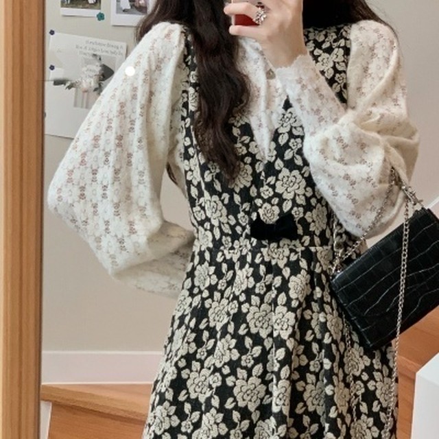 2点セット レトロガーリー ジャガードワンピース レースカットソーのセットアップ フラワー フェミカジ ロング丈 レイヤードスタイル ハイネック 女子会 Sunrise0911