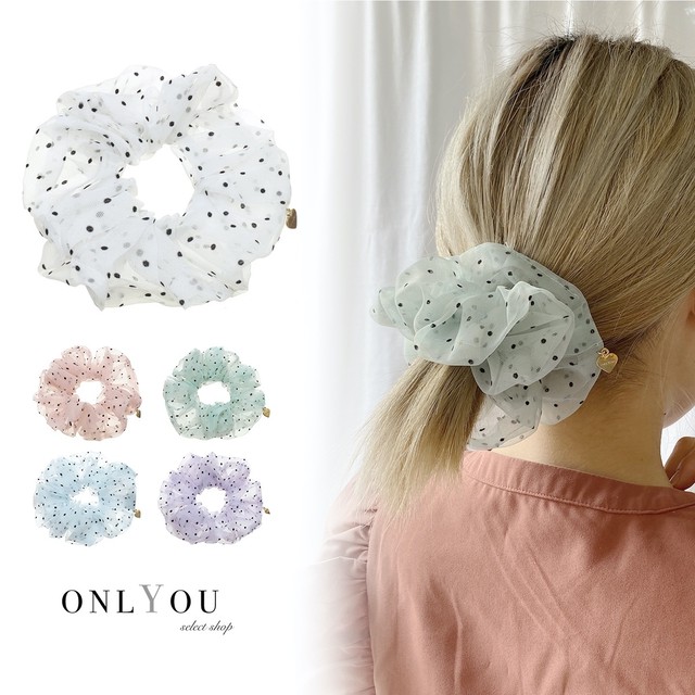 ヘアアクセサリー ヘアゴム シュシュ ドット柄 シンプル ポニー 簡単