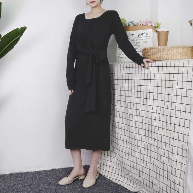 ロング ニットワンピース ニットワンピ ロングワンピース Vネック 大きいサイズ 冬 ぽっちゃり 秋冬新作 秋新作 ゆったりロング ニットワンピース ニットワンピ Vネック 大きいサイズ Leaflower 001 リーフラワー レディースファッション専門店