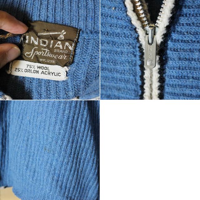 50s 60s Indian Sportswear ウール ニット ジップアップ カーディガン メンズl相当 ビンテージ ブルー Talon 古着 古着屋ataco Garage