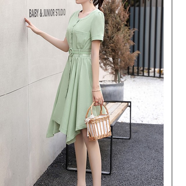 全5色 ワンピース 麻綿リネンコットン フィッシュテール ひざ丈 ミディ丈 半袖 ラウンドネック 無地 シンプル レトロ カジュアル お出かけ デート リゾート デイリー 普段着 夏 ブルー ネイビー グリーン ピンク ライトグリーン Like Fashion