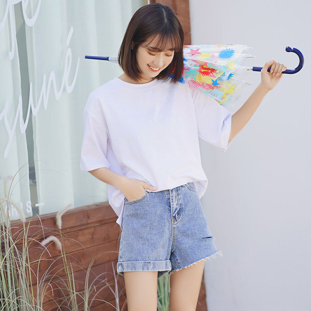 カールデニムショートパンツ女性の夏緩いaラインホールハイウエストワイドレッグパンツトレンド ハイウェスト サマー 夏物 ショーツ ブルマー ワイドパンツ シャツ１ Pullover