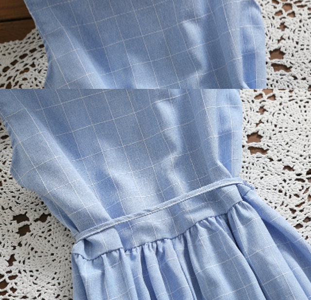 森ガール 韓国風 ワンピース 青 チェック柄 ノースリーブ カジュアル レースアップ エレガント 水色 夏 Cinderella Story