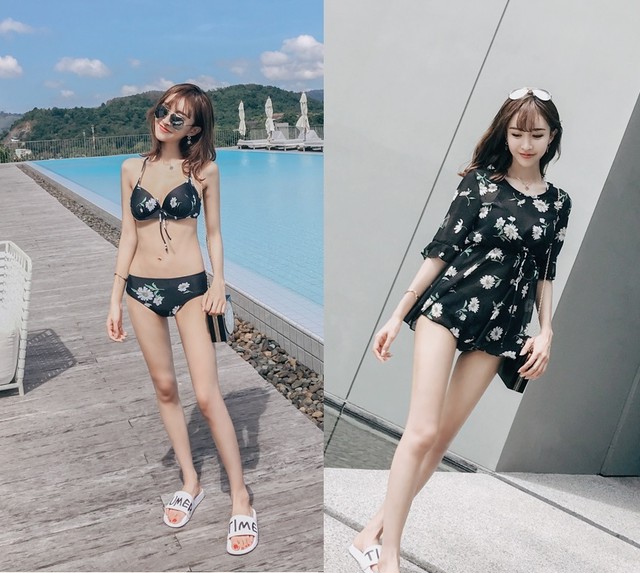 即納 可愛い花柄 ビキニ 5分袖 シースルー ビーチウェア付き 3点セット 水着 体型カバー リボン インスタ映え 海水浴 Ange1244 Mignon Ange Online