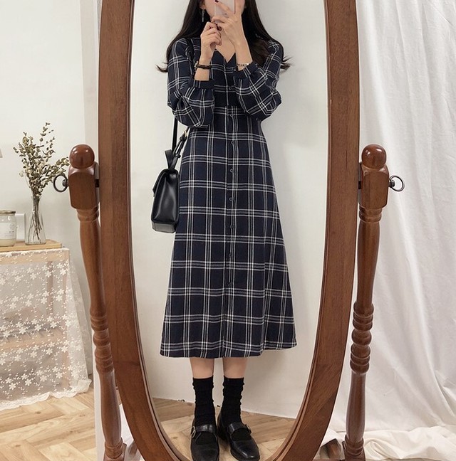 韓国ファッション タータンチェックのaラインワンピース Maidengarden
