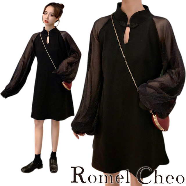 お支払い確認後日以内発送 Romelcheo ラメシースルーブラックチャイナワンピース シースルーワンピ チャイナワンピ チャイナドレス チャイナミニドレス チャイナボタン 長袖 切り替え 膝上丈 原宿系 青文字系 ゆめかわ ロリータ レディース モード系 ファッション