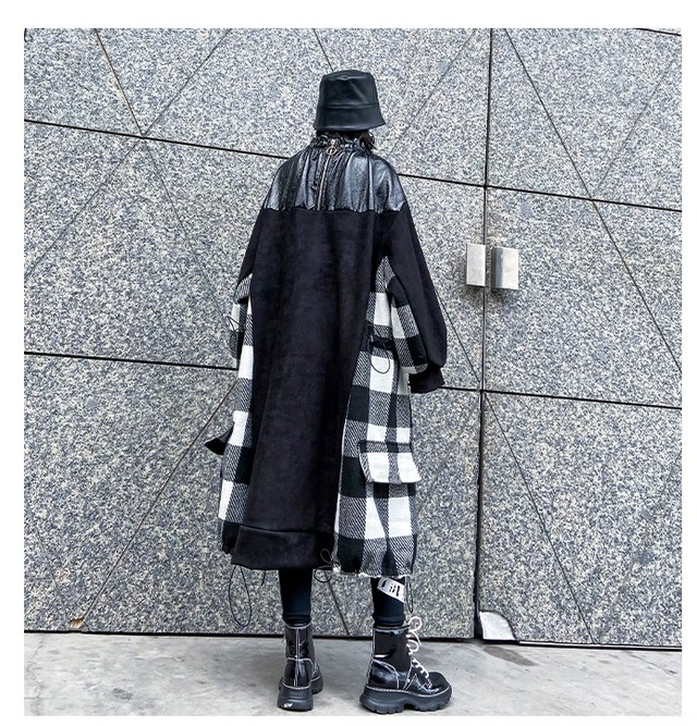 秋 冬モード系 モノトーン 配色 異素材 レイヤード デザイン チェック ロングワンピース チュニック ビッグサイズ 大きいサイズ Top Mode