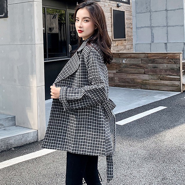 即納 チェック柄 ベルト付き ジャケット ロング丈 テーラード 上着 トレンチコート ピーコート レディース アウター M L 黒 ブラック Ns 1018 Daily Closet