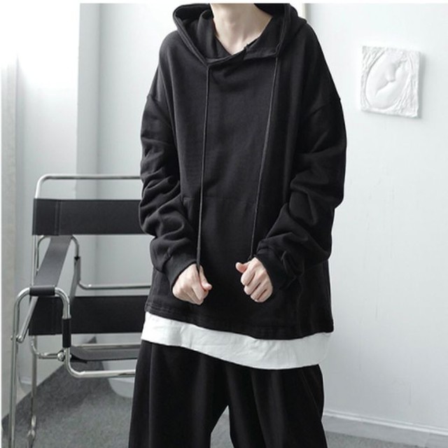 重ね着風 フーディ 長袖 パーカー カンガルーポケット ブラック 黒 ホワイト 白 フード付きトレーナー スウェット カジュアル メンズ レディース ユニセックス ルーズフィット韓国 お支払い後日以内に発送 Top252 Garcons