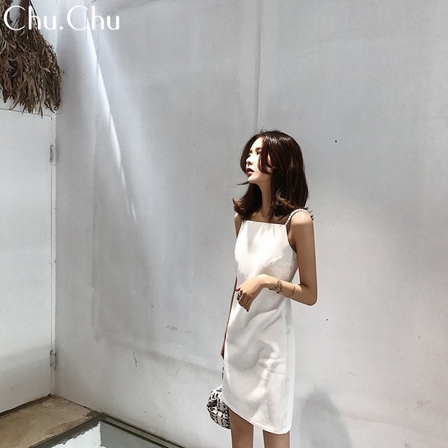 肩紐パールストラップ シンプル無地ワンピース 中国 韓国の輸入ドレス専門店 Chu Chu シュシュ