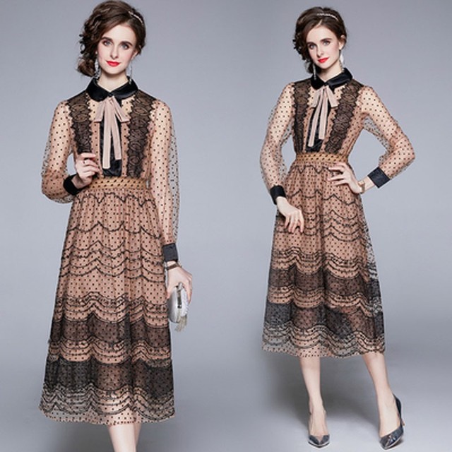 送料無料 D639 黒襟 フロッキードット チェーン 刺繍 リボン付き レース ワンピース ベージュ ブラック 長袖 カフス 襟付き ブラックボタン 黒 ベージュ ウエストゴム ギャザーゴム ロングワンピース 水玉 レース モノトーン 柄物 無地 白黒 インポートワンピース