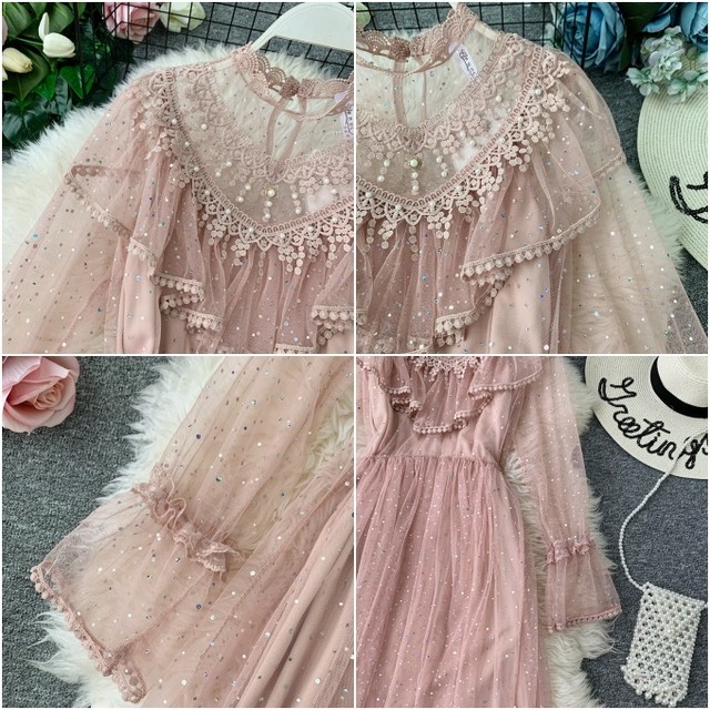 送料無料 5色 ワンピース インナー キャミワンピ 2点セット 2セット 2set チュールワンピース 長袖 スパンコール フリル レース フレア ワンピース 膝下ワンピース ウエストマーク 脚長効果 体型カバー オケージョン ワンピース お呼ばれ パーティードレス 二次会 食事会