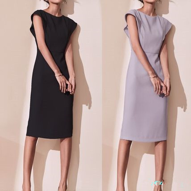 大人 ワンピース ミディ丈 タイト 上品 パーティー 無地 2色 Dyh海外子供用品