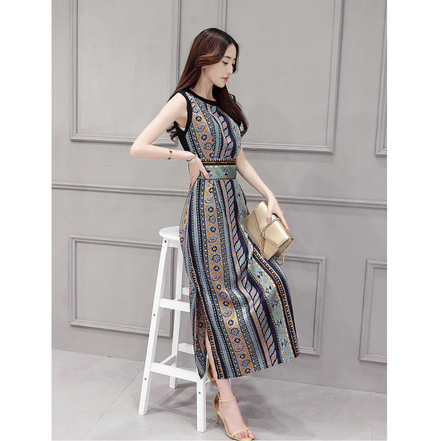 きれいめ エスニック プリント ライン マキシ丈 ワンピース Reflet