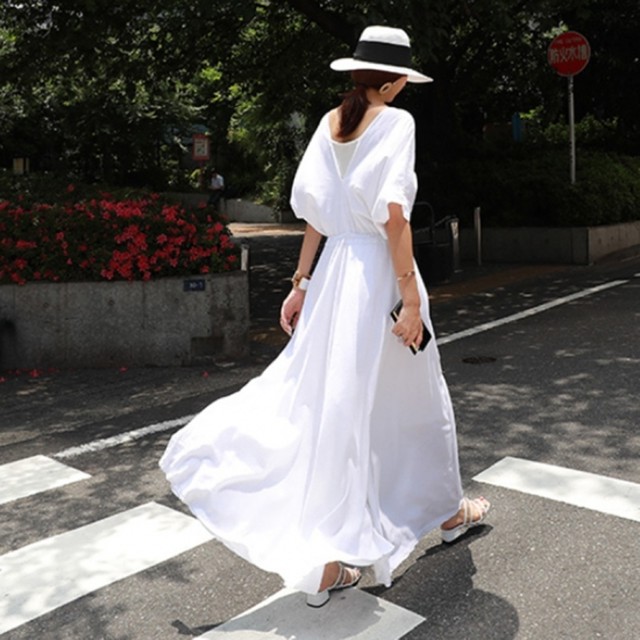 白ワンピース ロングワンピース 半袖 ホワイト バックオープン マキシワンピース マキシ丈 ビーチ Vネック エレガント きれいめ Hr347 Raxia ラクシア