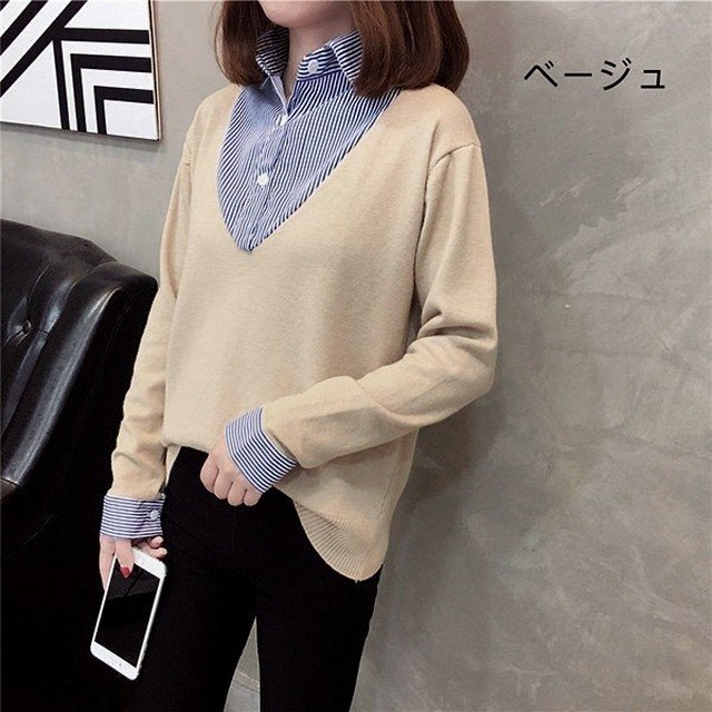 ニット セーター 重ね着 シャツ襟 レディース Vネック 重ね お仕事 ビジネス ボーダー 無地 女性 ストレッチ 伸縮性 着心地 トップス 長袖 春 秋 冬 331 A B