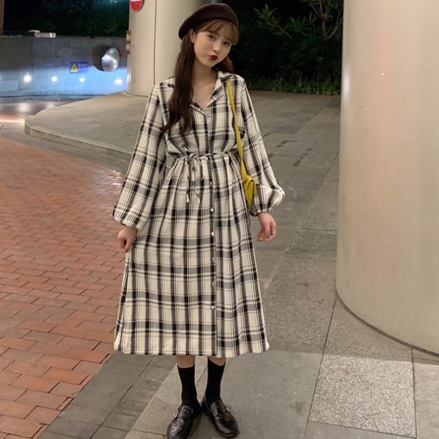 秋トレンド シャツワンピース チェック柄 ひざ丈ワンピース カジュアル フェミニン タータンチェック レトロ 長袖 シャツワンピ ウエストマーク Ptnym2158 Shop Suba