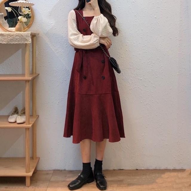 秋 冬 レディース ワンピース 大きいサイズ S 4xl ミディアム丈 ウエストマーク レッド フレンチレトロ ガーリー 可愛い Am 1 190 Laturecute